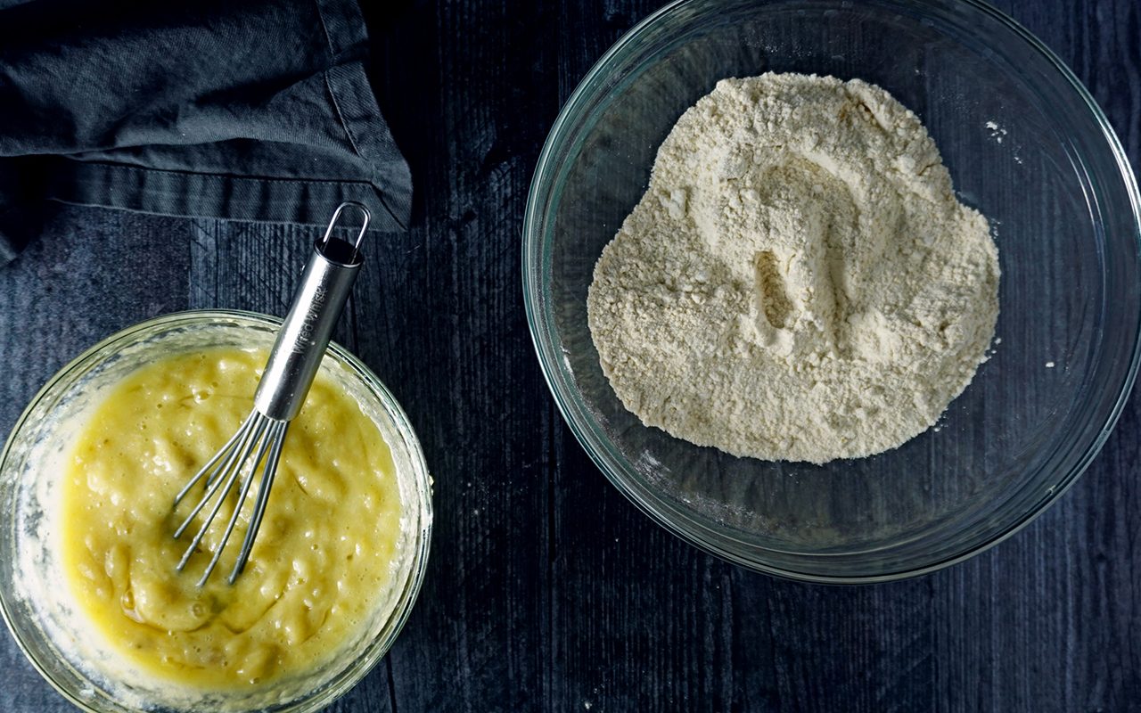 mix wet and dry ingredients for healthy muffins