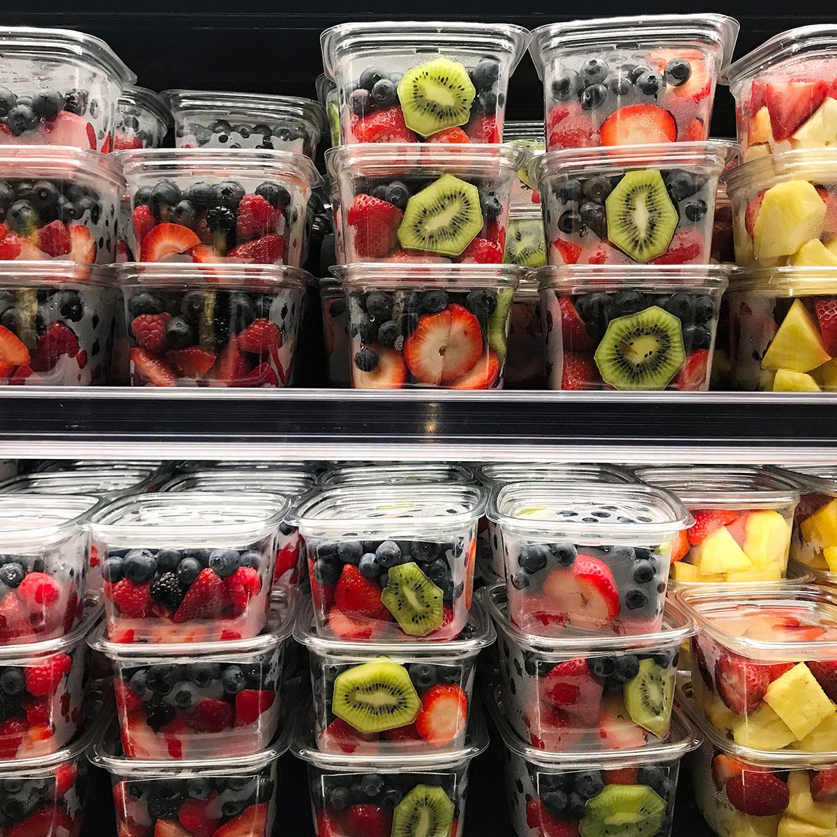 Fresh fruit boxes in a market retail display