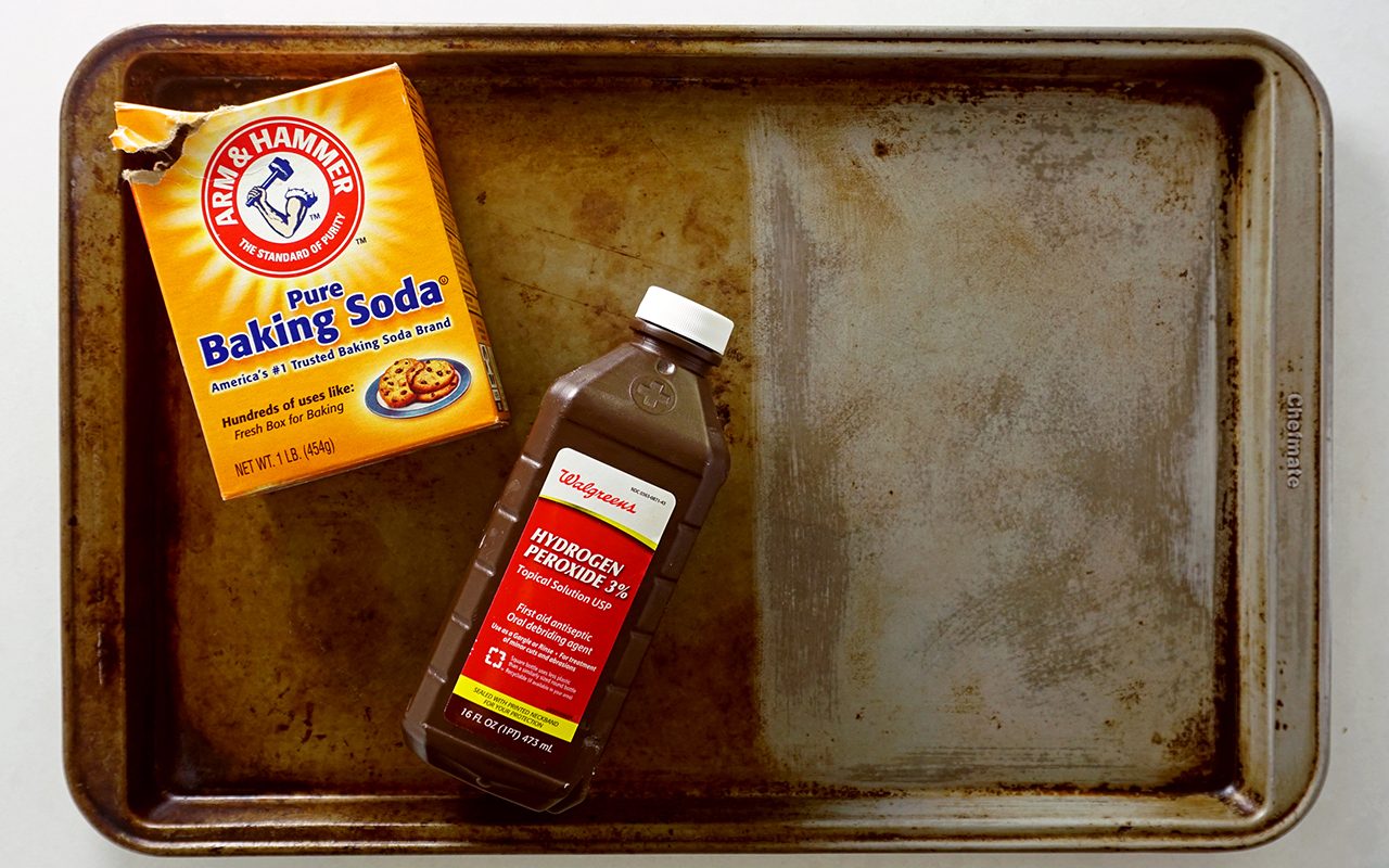 cleaning baking sheets with hydrogen peroxide and baking soda