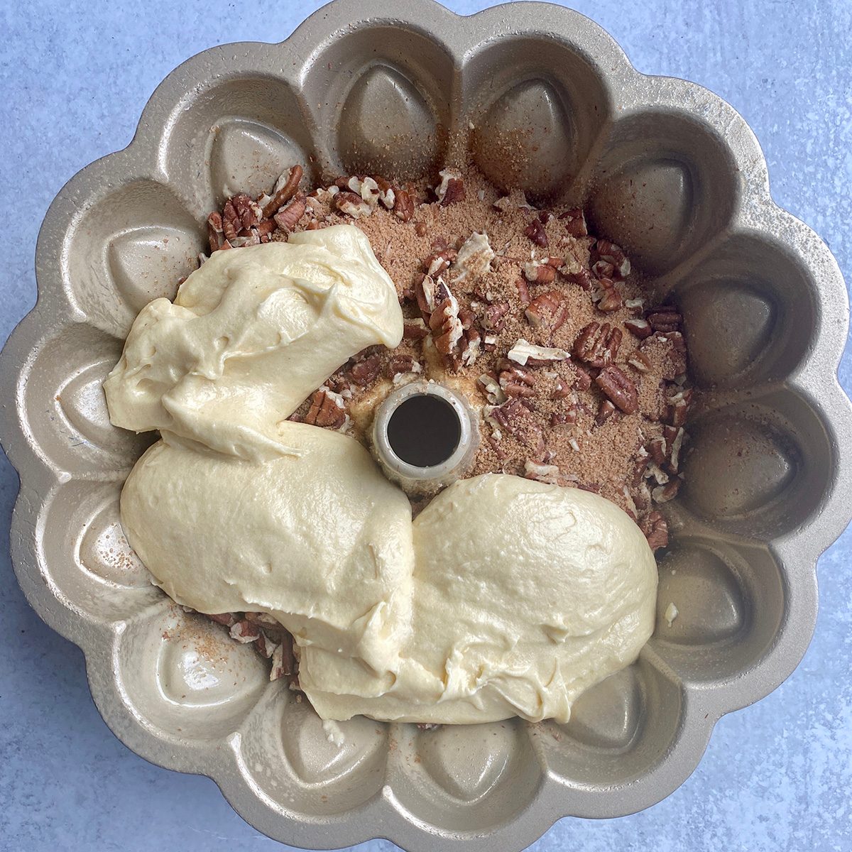 Pouring batter into the bundt pan