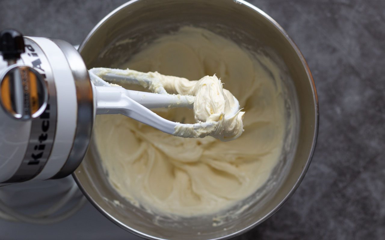Cream cheese mixture in the bowl of a stand mixer. starbucks cheese danish copycat