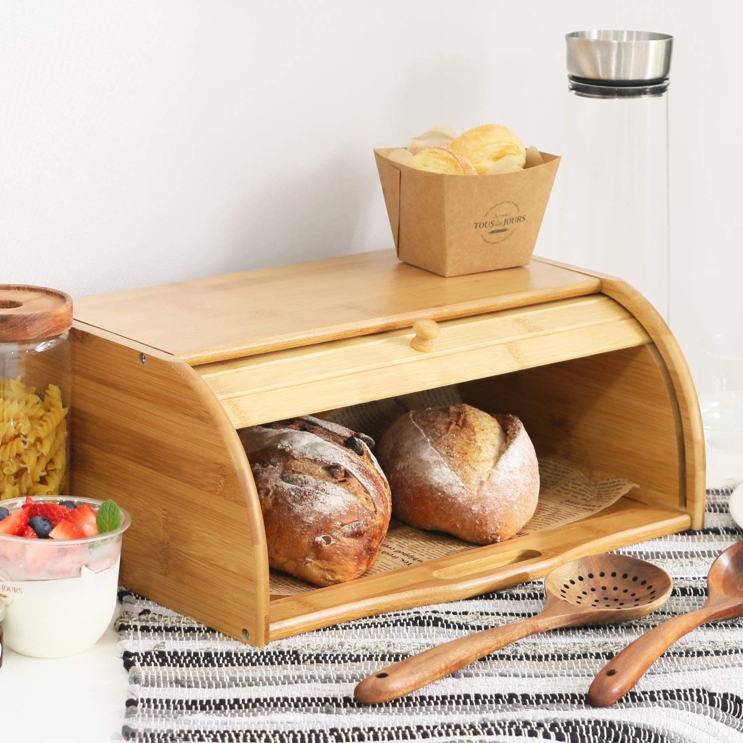 Bamboo Bread Box and Bamboo Bread Slicer Bundle, Bread Box for Kitchen  Counter Top, Wooden Roll Top Bread Storage 