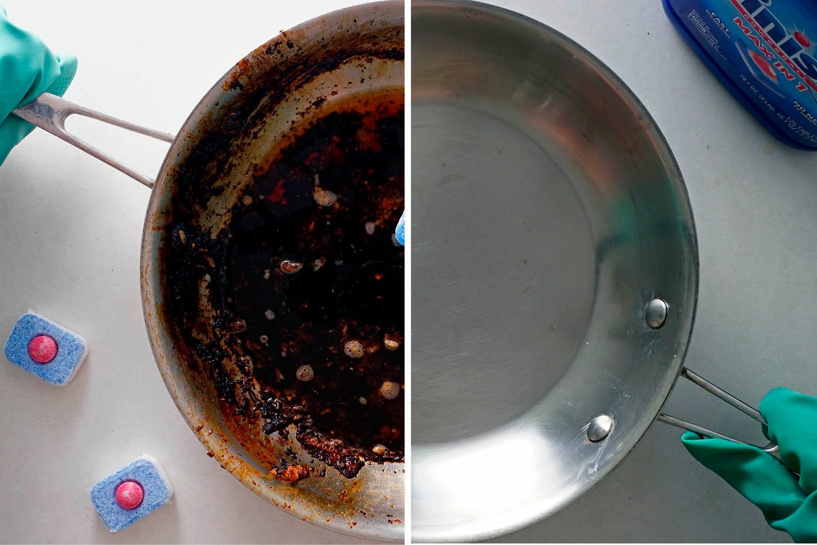 How to get this burnt food off my Blue Diamond pan. I took special care to  preserve the pan (no high heat, no abrasive cleaners) and after a few  months it started