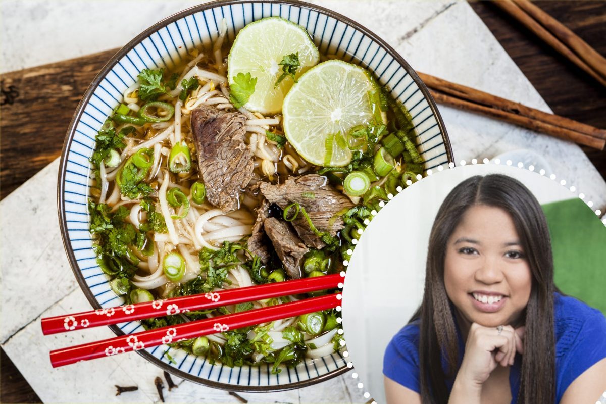 Bowl Of Vietnamese Pho With Rice Noodles, Mung Beans, Cilantro, Spring Onions And Limes