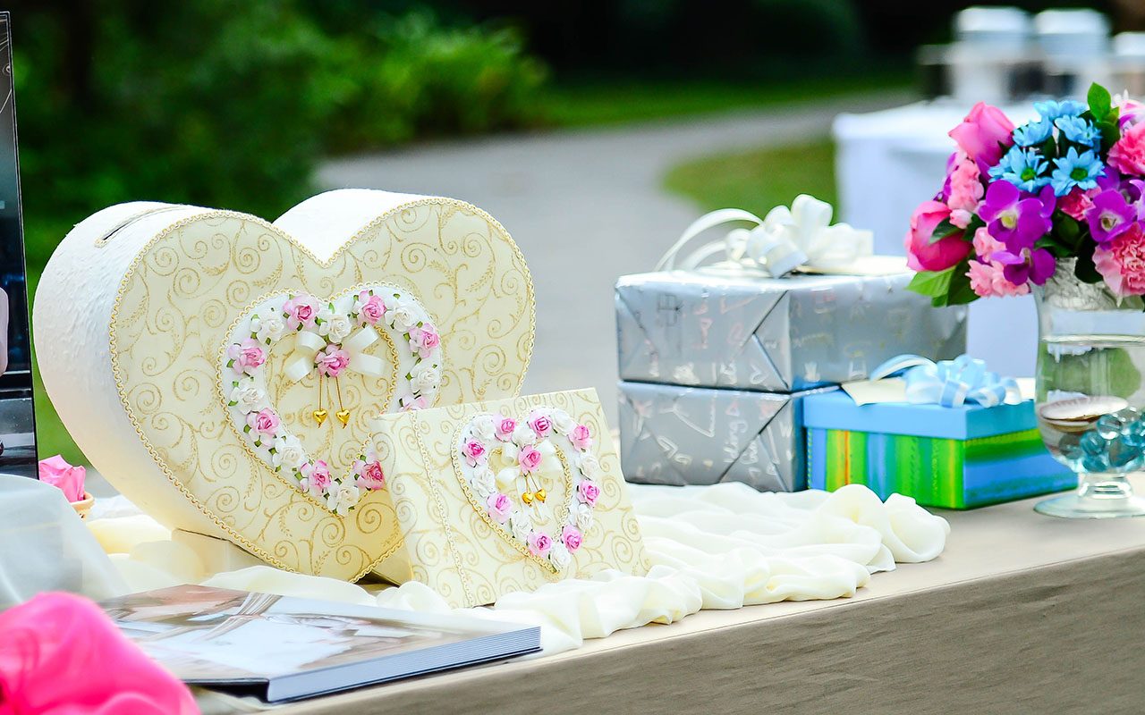 wedding registry Sweet Gift Box Heart Shape On Table For Wedding Day.