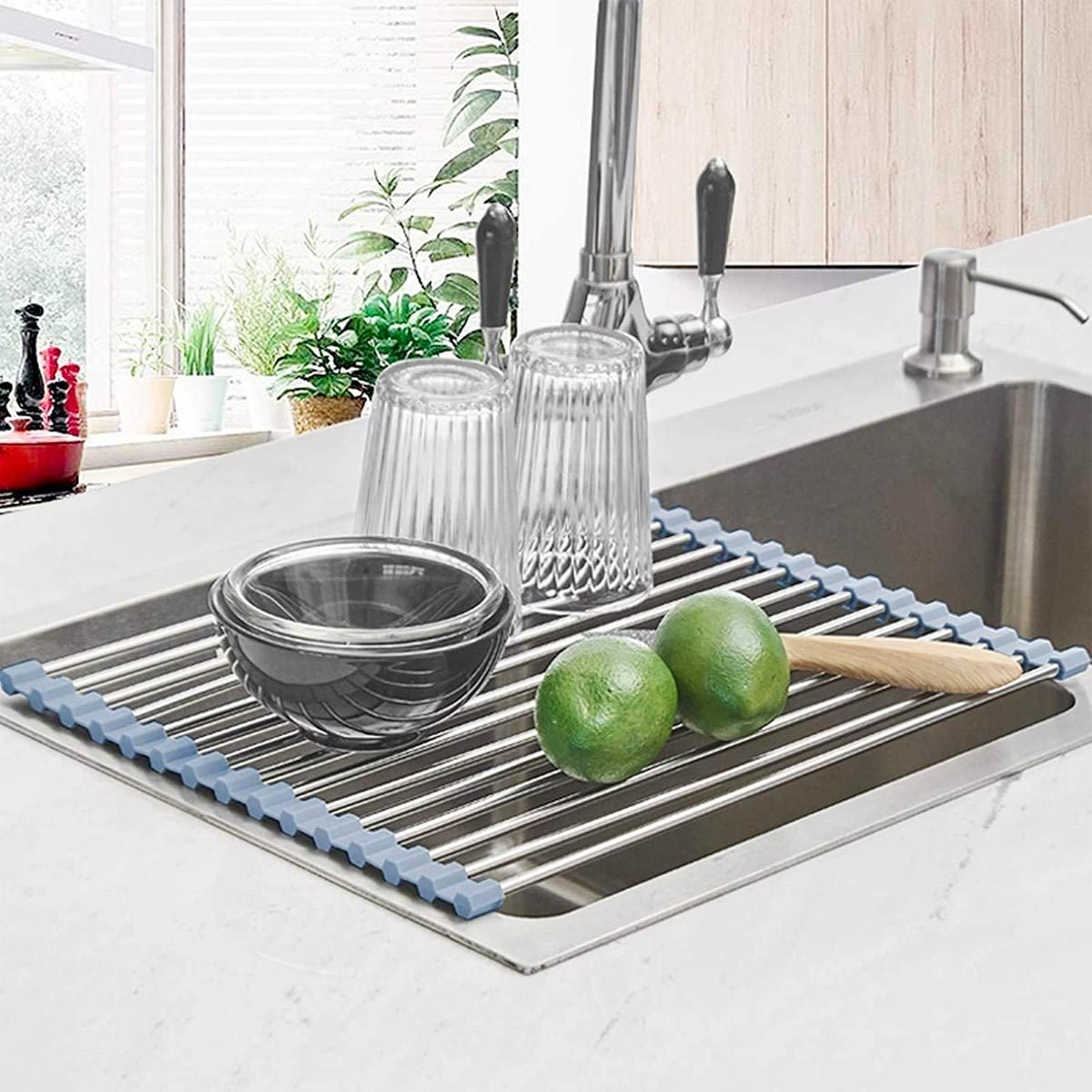 Small Dish Drying Rack - Compact Dish Rack for Kitchen Counter with  Silicone Dish Drying Mat, Stainless Steel Dish Drainer for Kitchen Sink  Cabinet