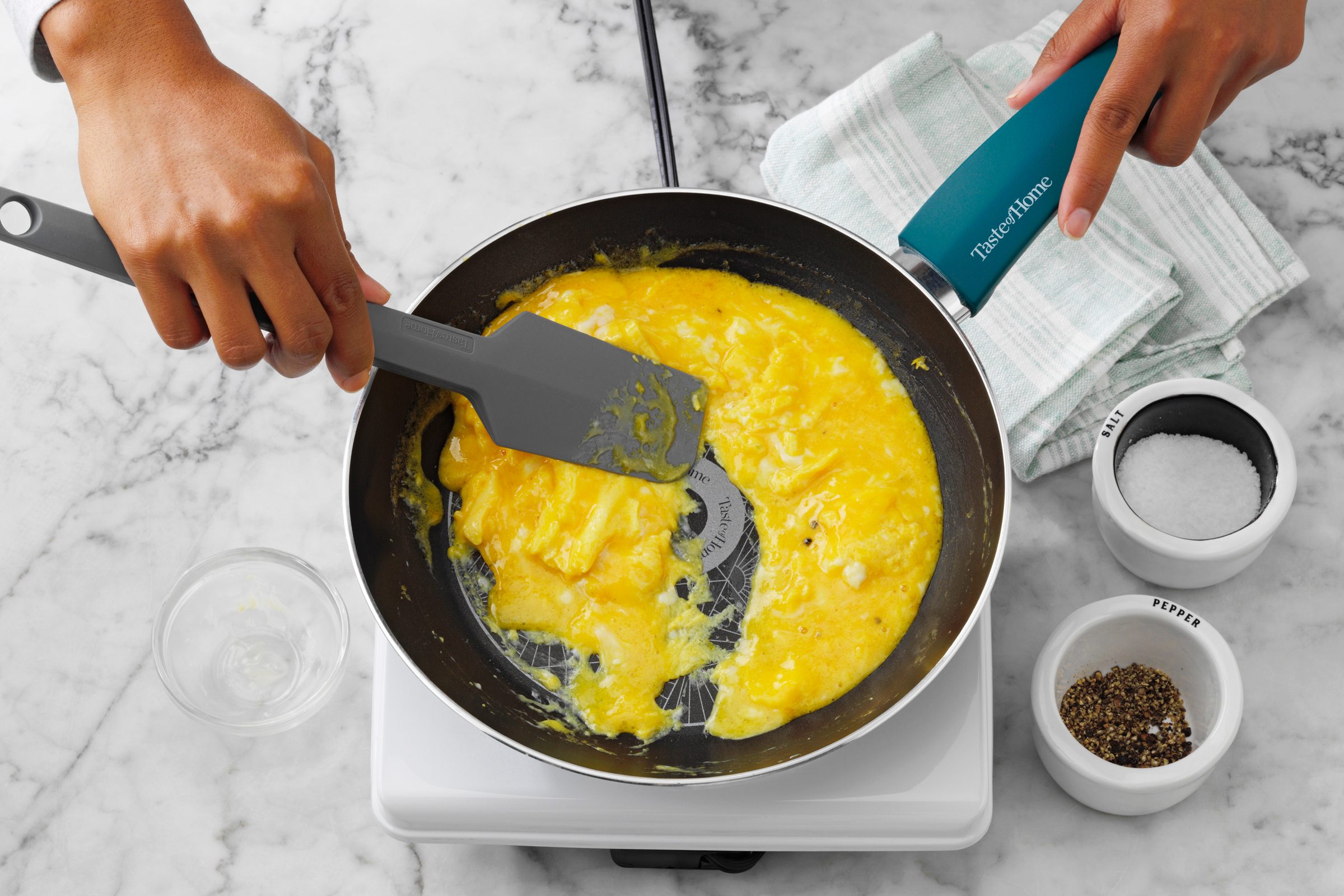 scrambling eggs in skillet for scrambled eggs