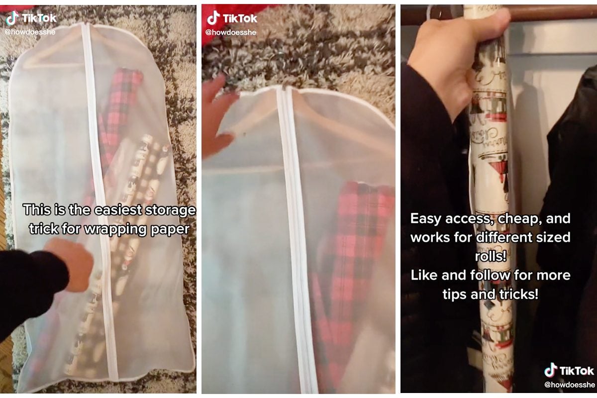 Hang your wrapping paper on rods inside a closet.