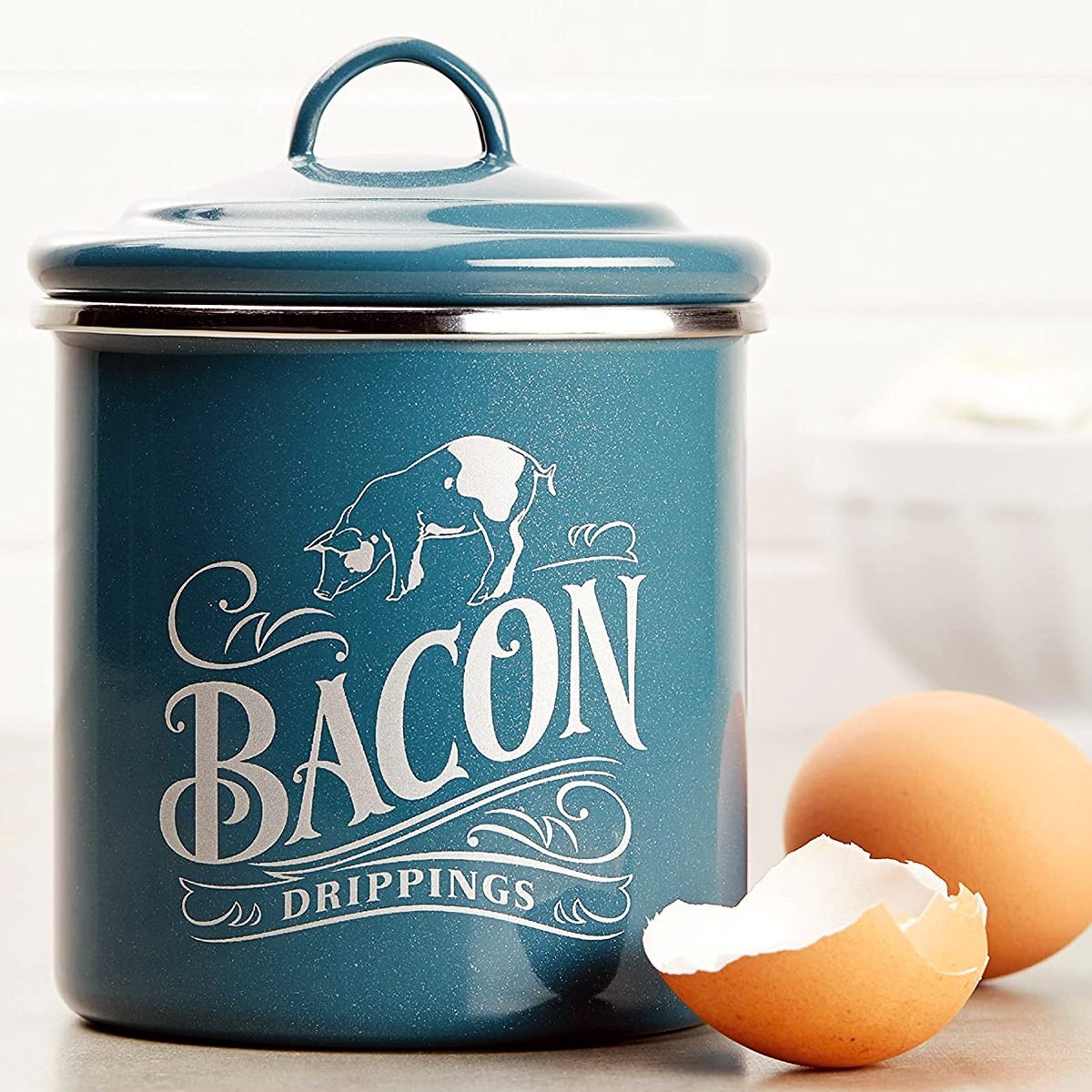 Ceramic Bacon Grease Container Keeper with Strainer,Turquoise