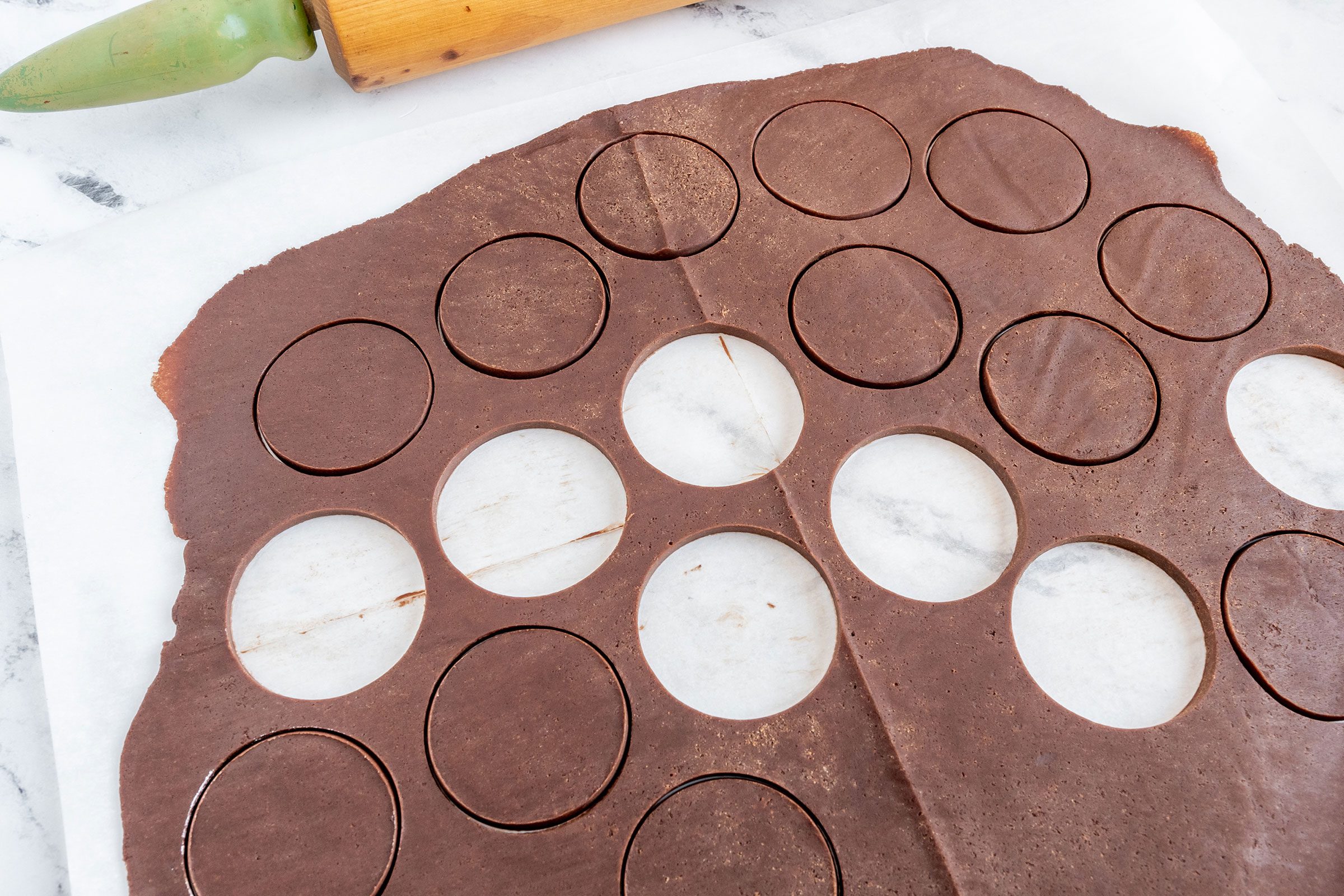 Homemade Thin Mints flattened dough with circular cuts