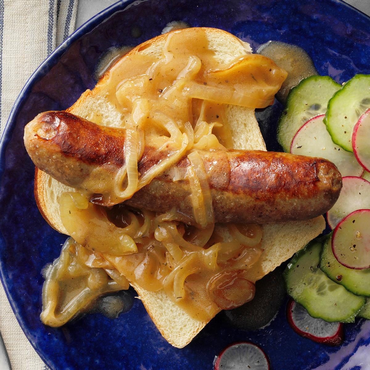 Open Faced Bratwurst Sandwiches With Beer Gravy Exps Tohescodr20 209144 E03 12 4b Copy