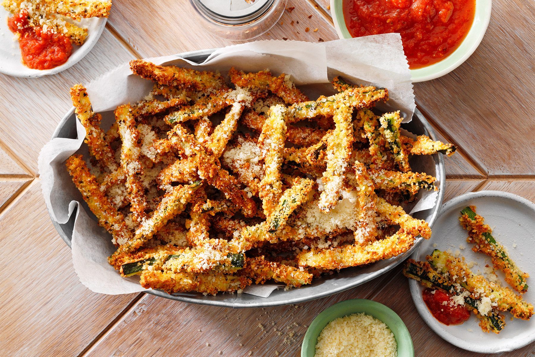 Zucchini Fries served on platter with dips