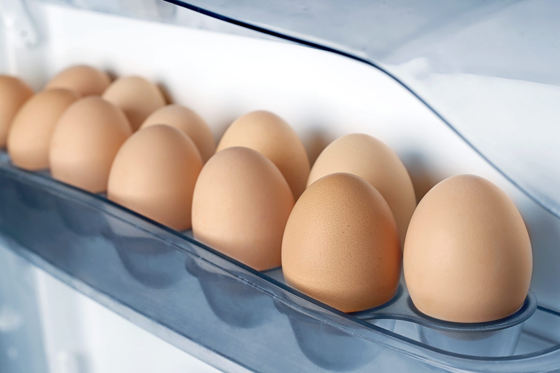 Eggs on fridge shelf.