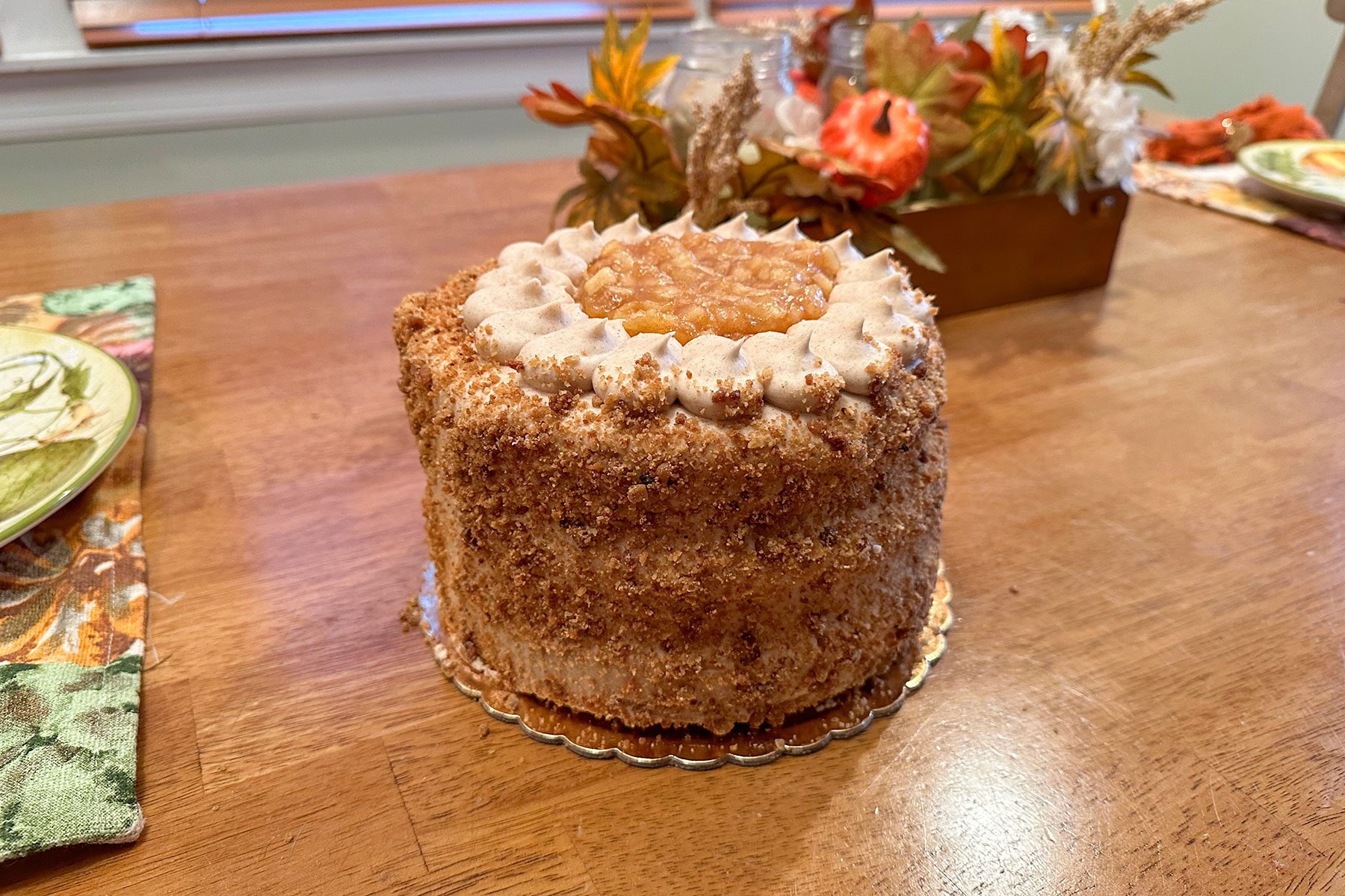  Piecaken on Table with Flowers in Background