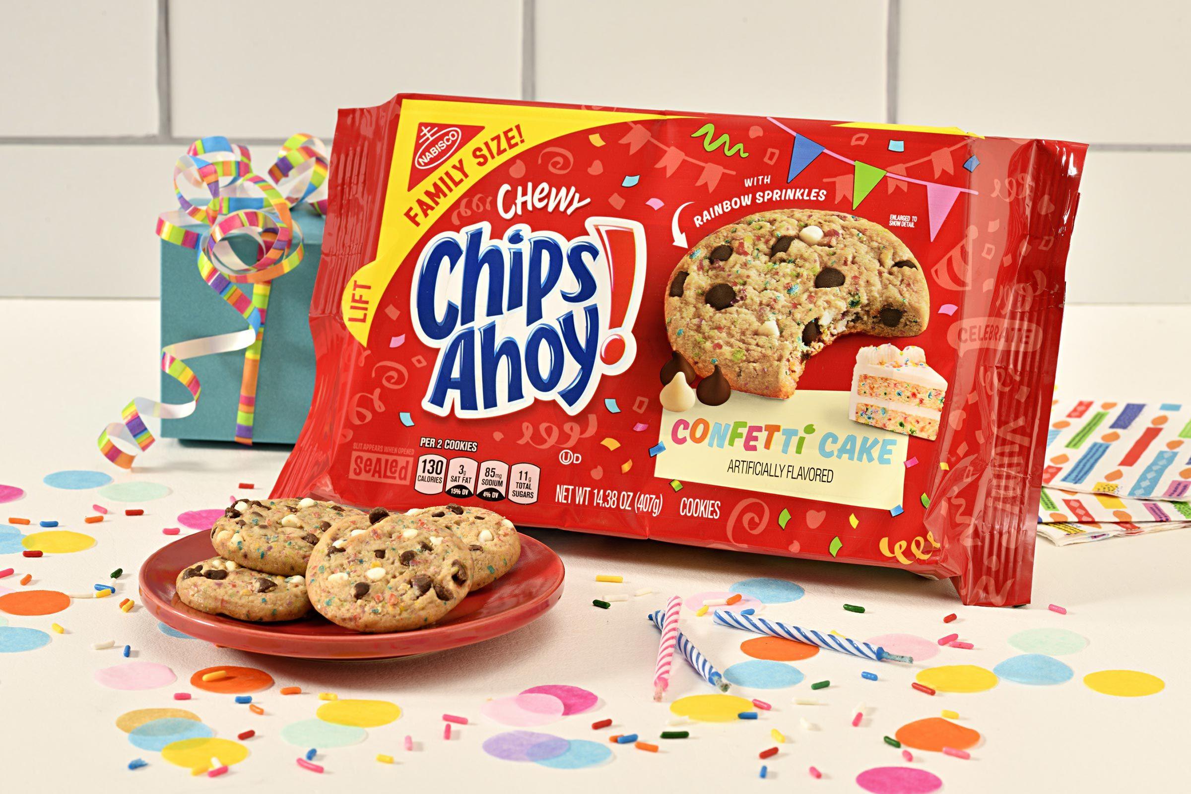 Chips Ahoy Confetti Cookies and Packaging on a birthday confetti themed background