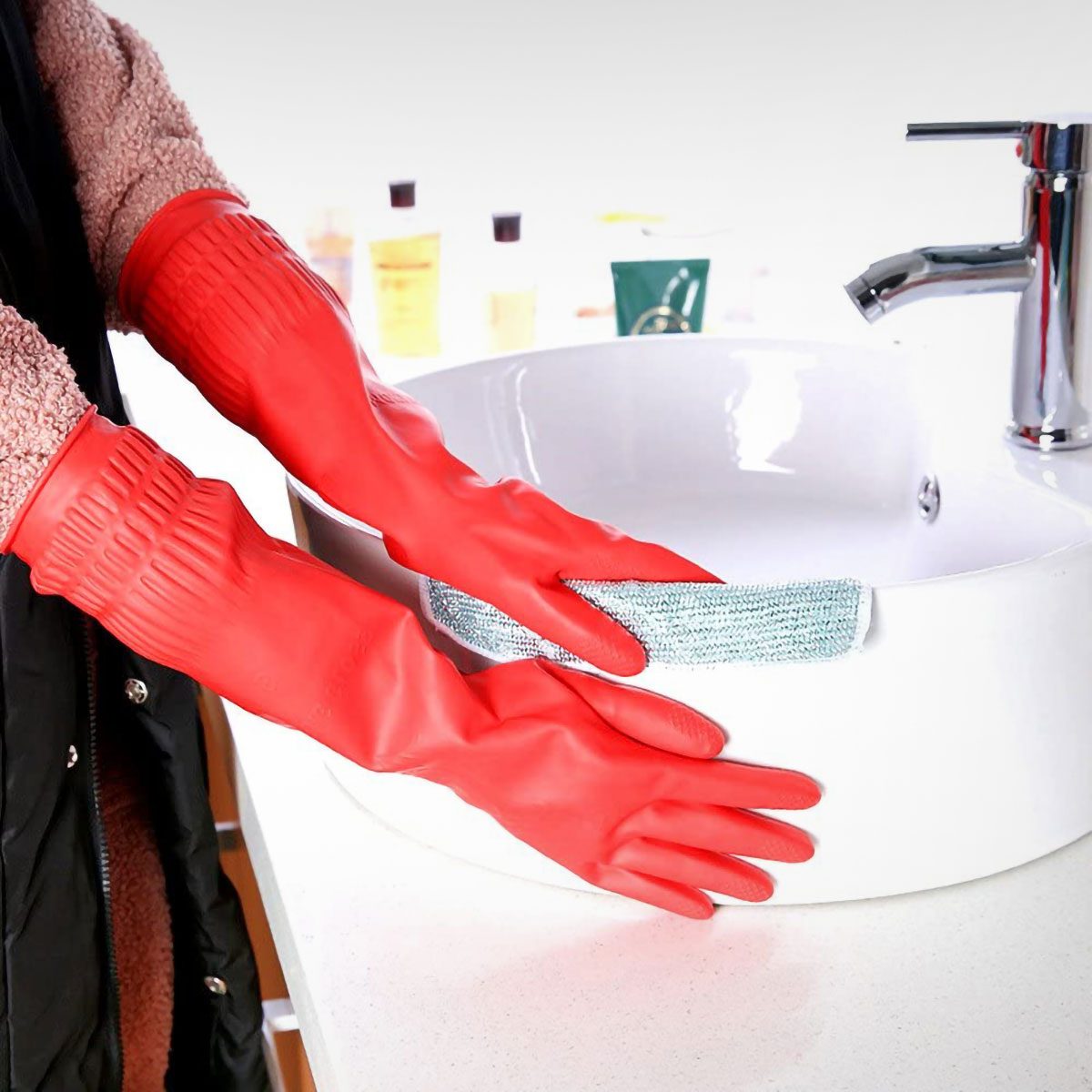 Stylish Reusable Rubber hand Gloves Medium size for dish washing assorted  color