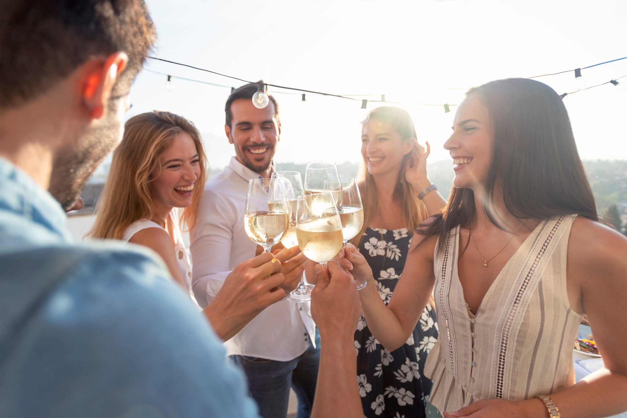 Group of friends having drinks at sunset. They are celebrating with a wine toast.