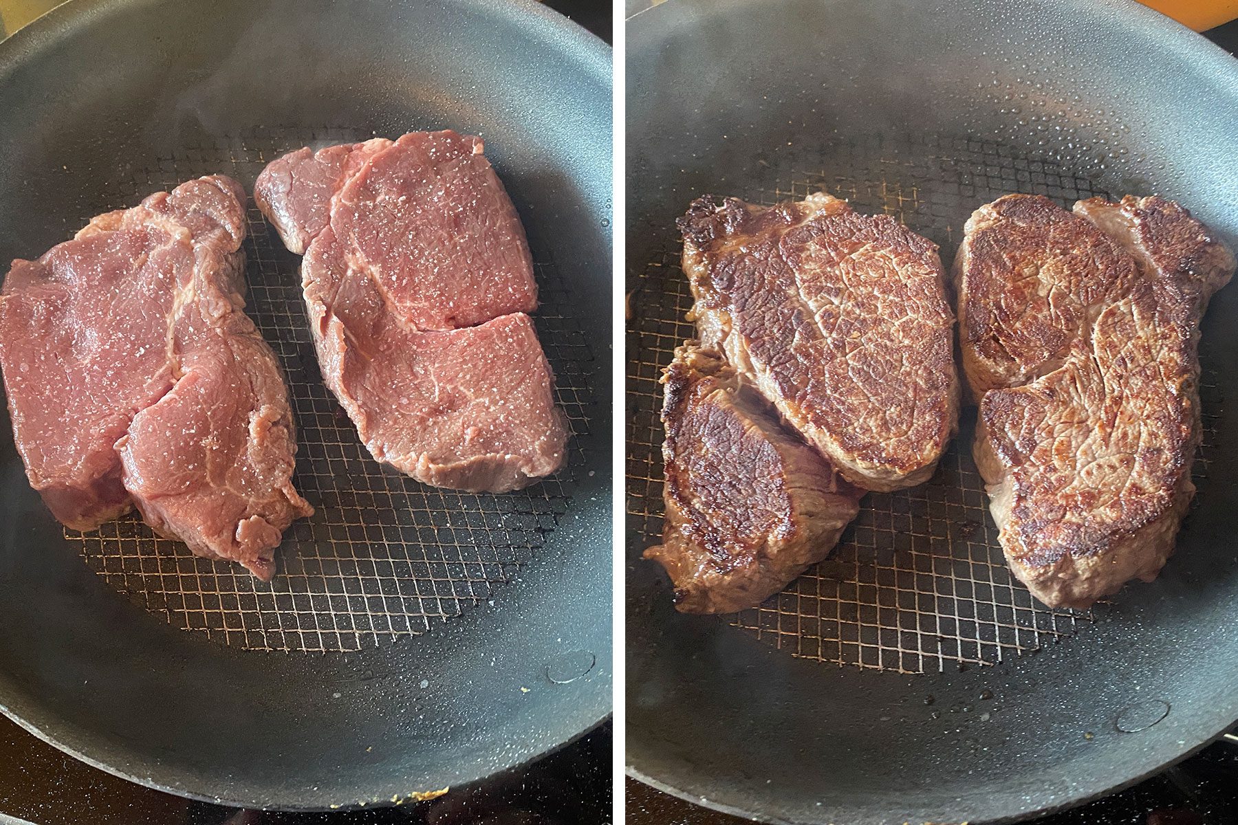 Steak before and after being prepared