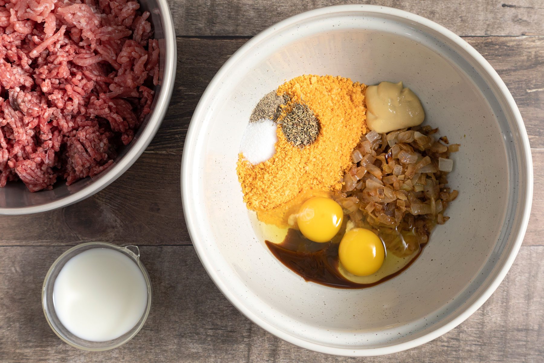 Ingredients for Beef And Pork Meat Loaf on a table