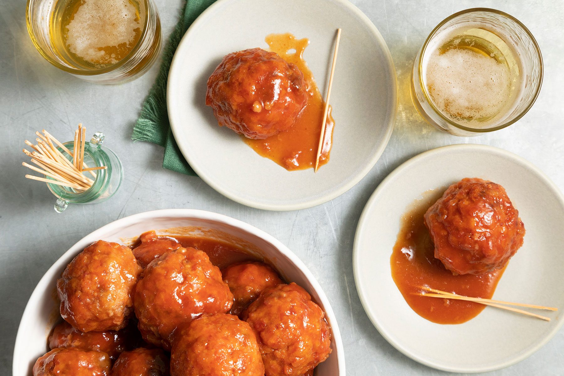 Ham Balls served on plates with beverage