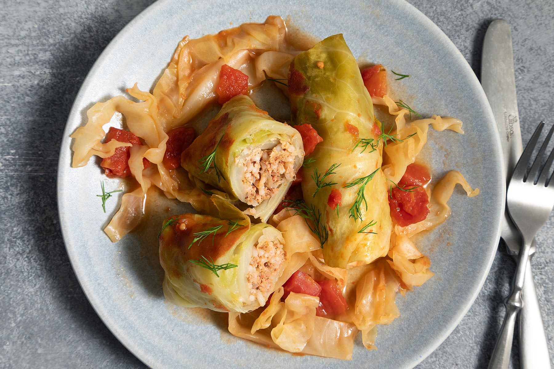 overhead shot of old fashioned cabbage rolls