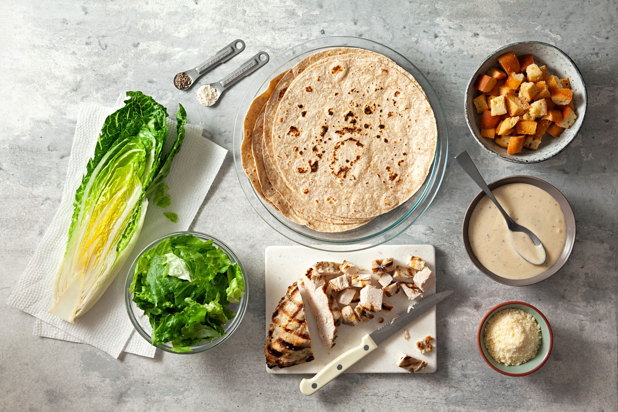 overhead shot of ingredients for chicken wrap