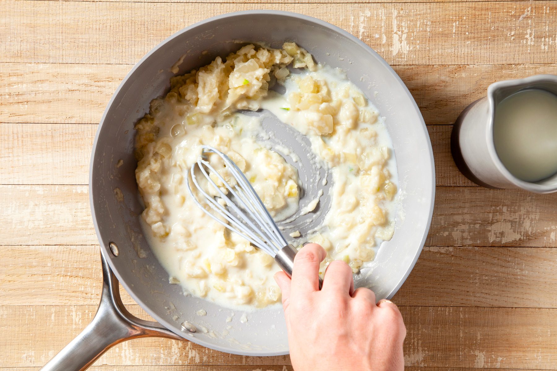 overhead shot of cheese added in the mixture