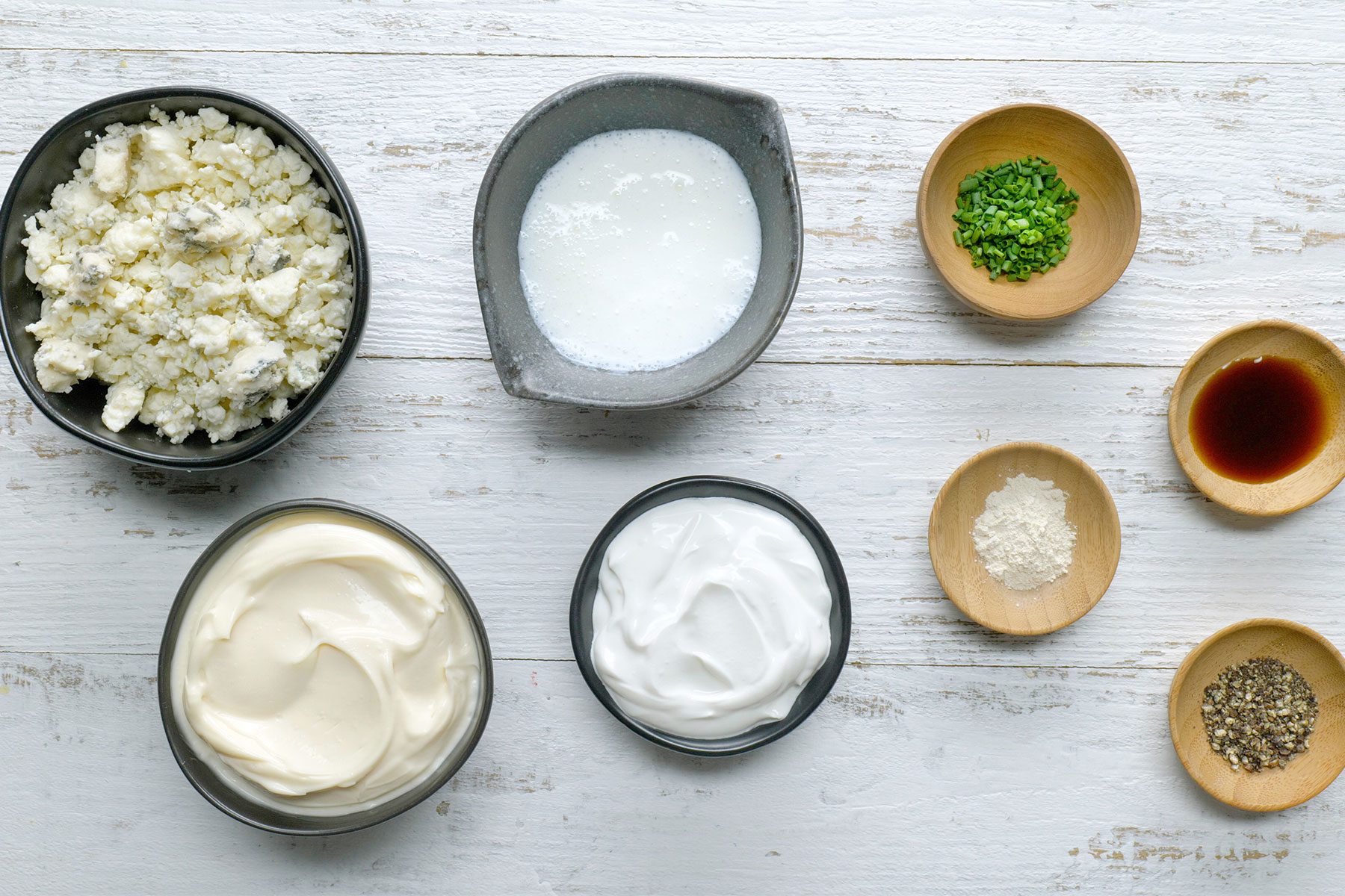 overhead shot of ingredients on a wooden surface