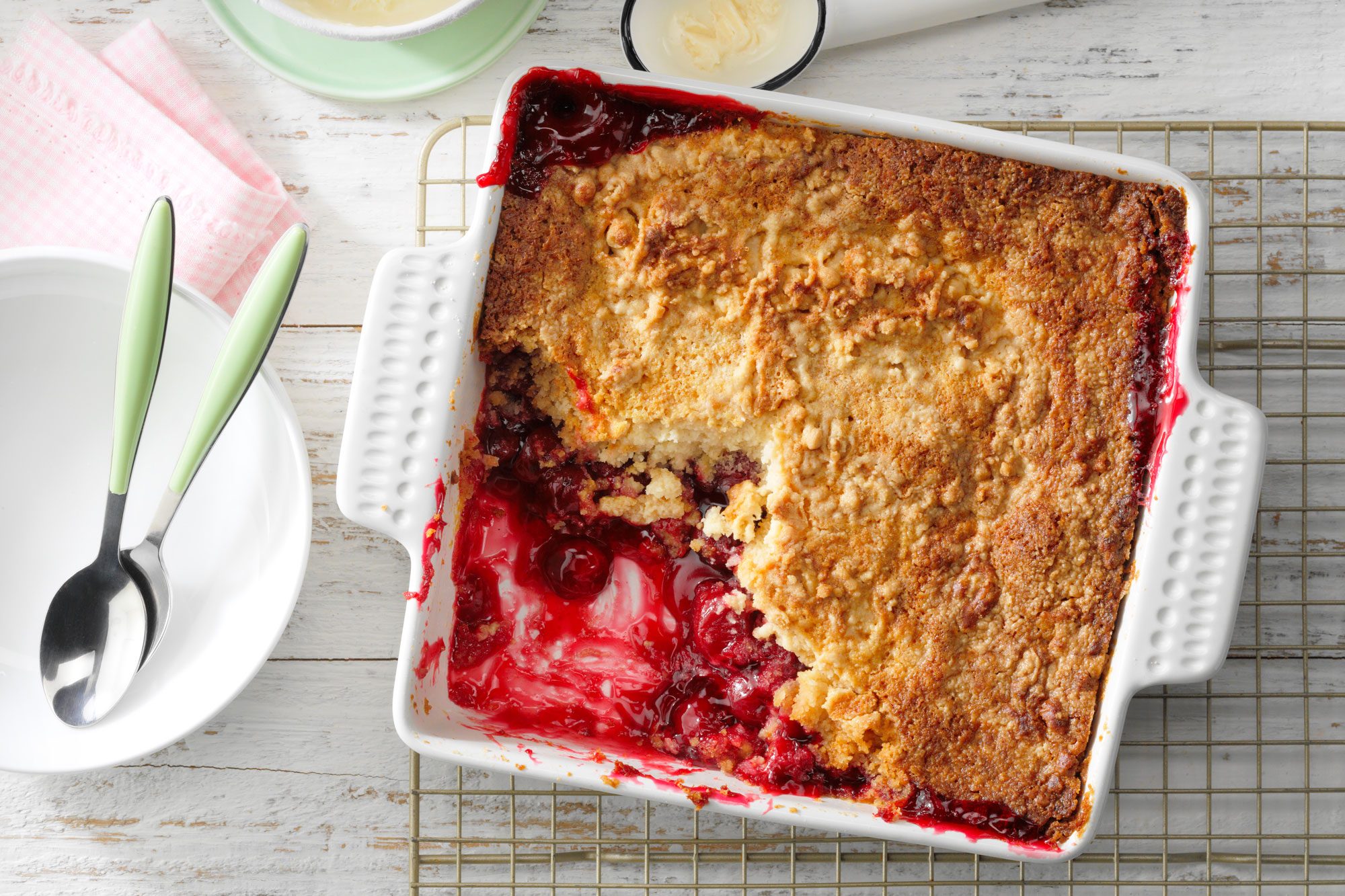 Cherry Dump Cake in a square baking dish