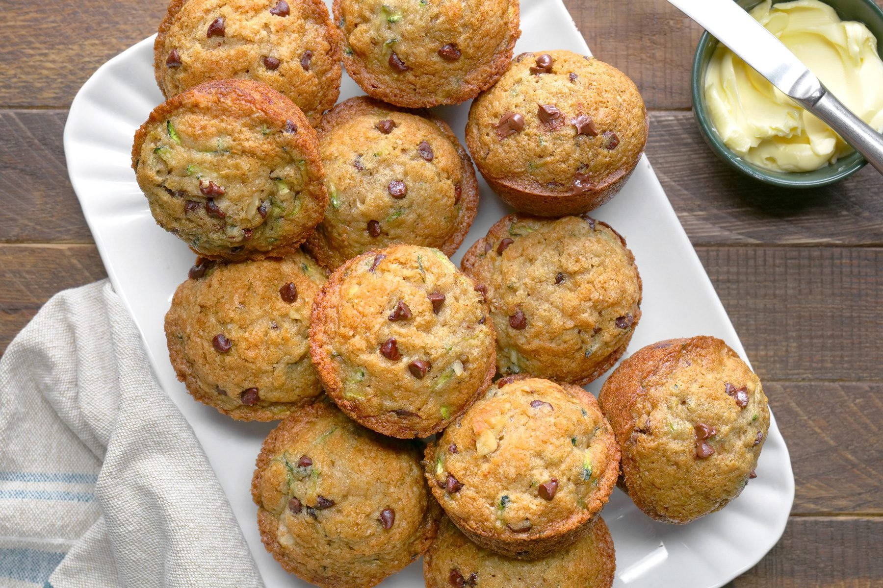 A tray of Chocolate Chip Zucchini Muffins