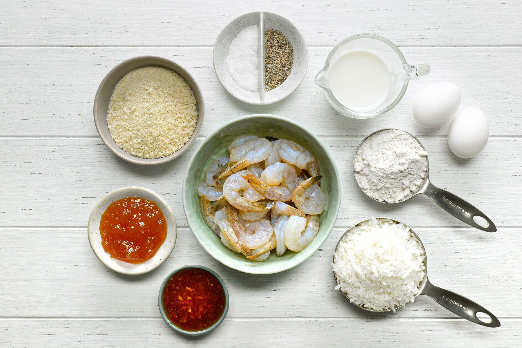 Overhead shot of all ingredients; served in white wooden background;