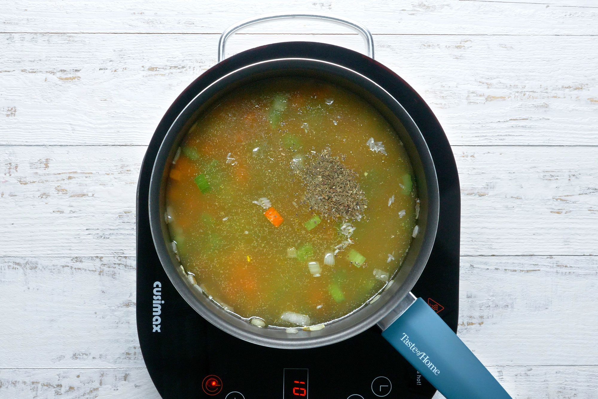 Stir the rice, seasonings and broth into the pot