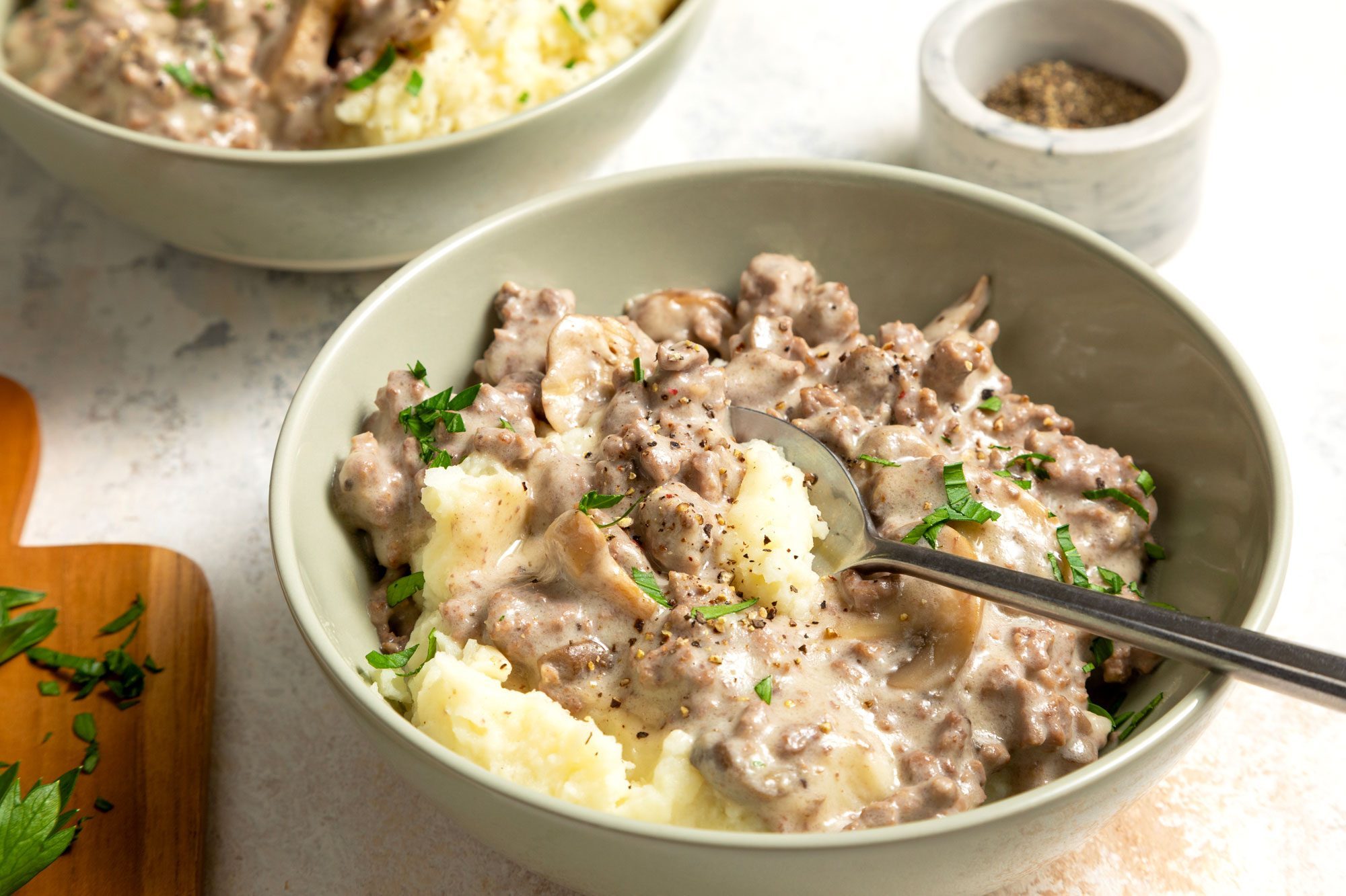 Hamburger Gravy served over mashed potatoes