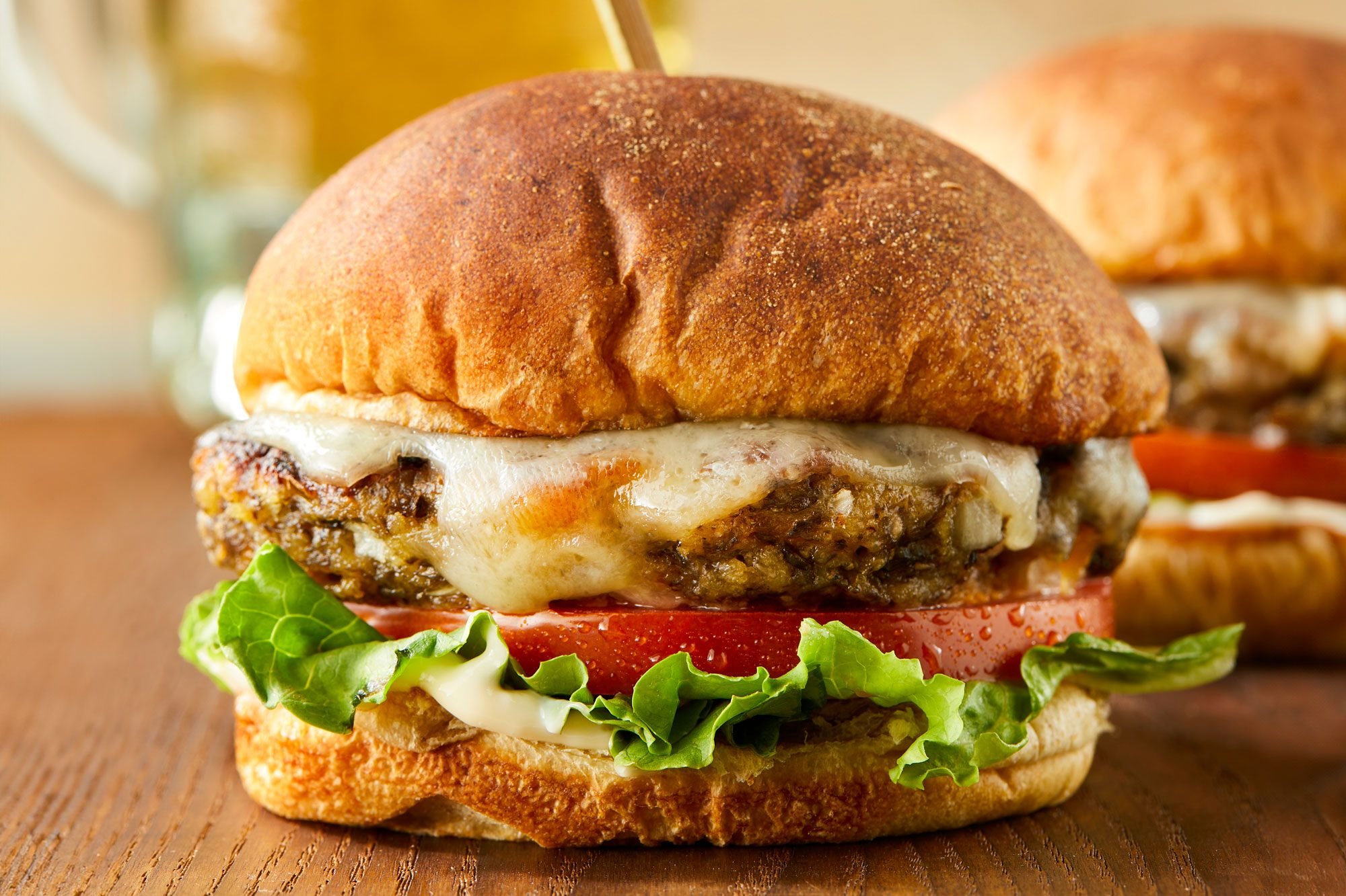 Horizontal shot; Mushroom Burger placed over wooden board;