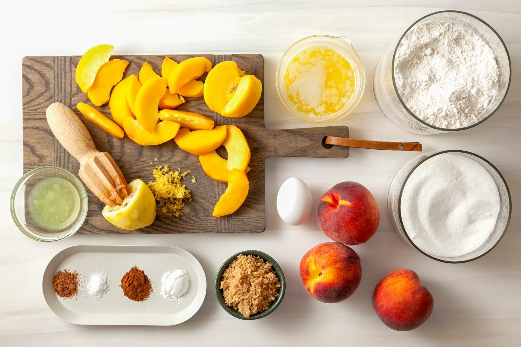 Ingredients include sliced peaches on a cutting board, flour, sugar, brown sugar, an egg, melted butter, lemon juice, lemon zest, and several spices.