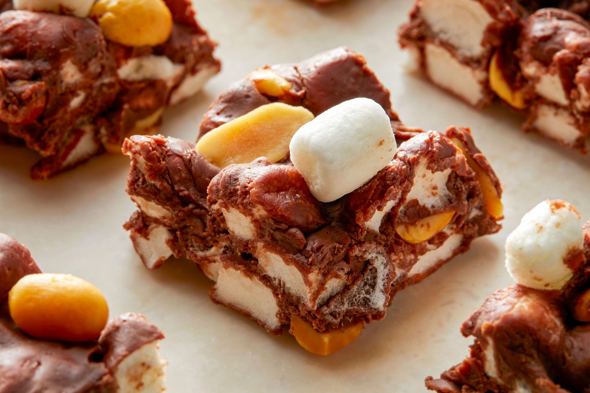 Close Shot of Rocky Road Fudge; Light Background;