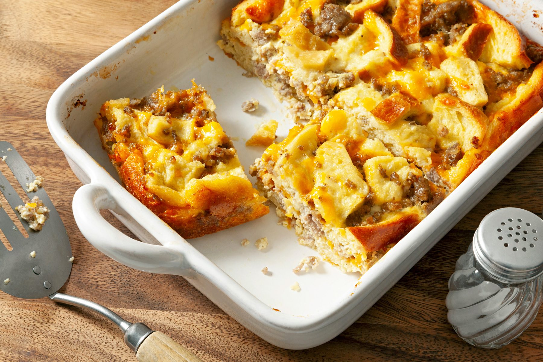 Sausage and Egg Casserole in a large baking dish on a table