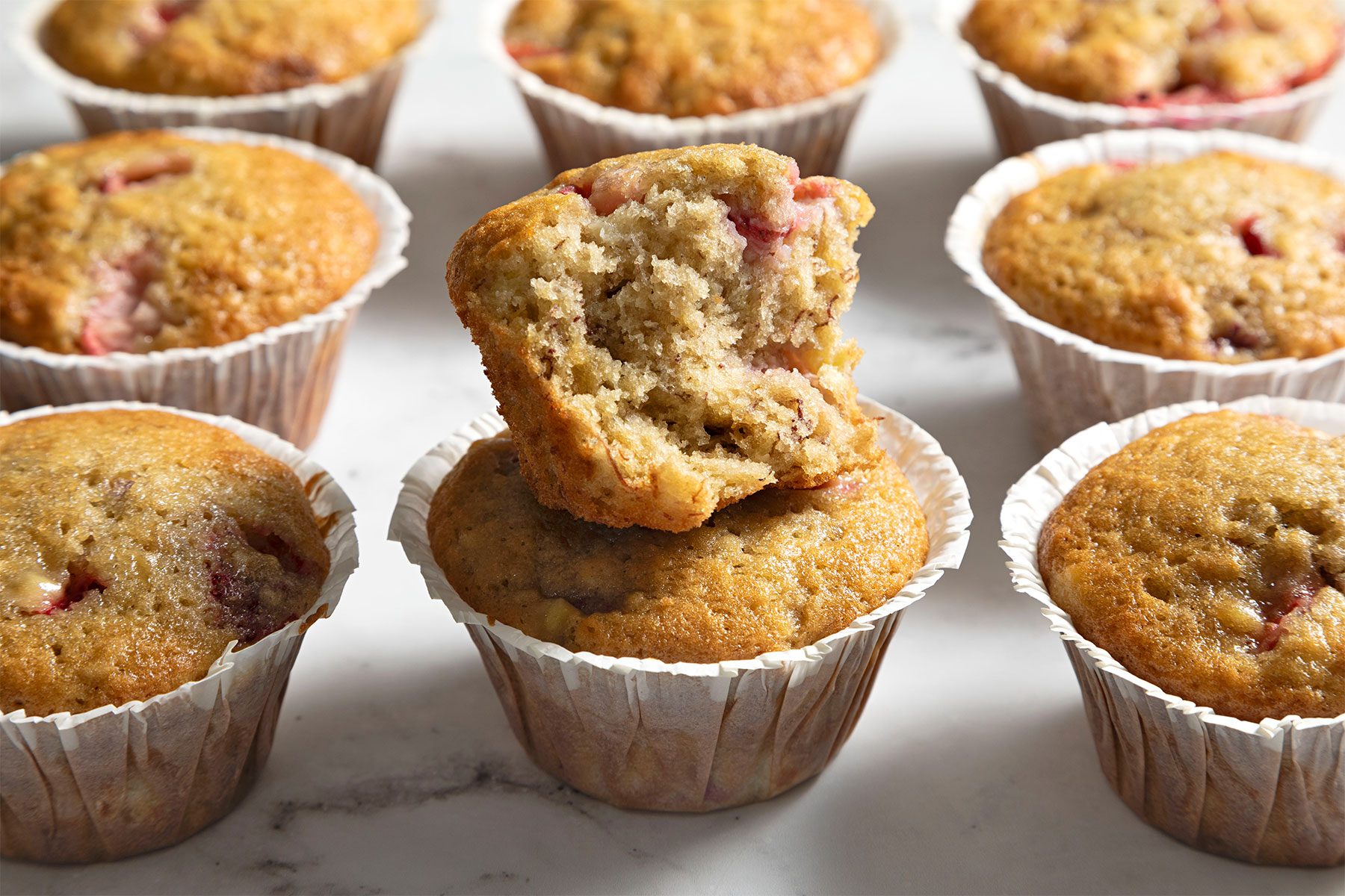 close shot of strawberry banana muffin