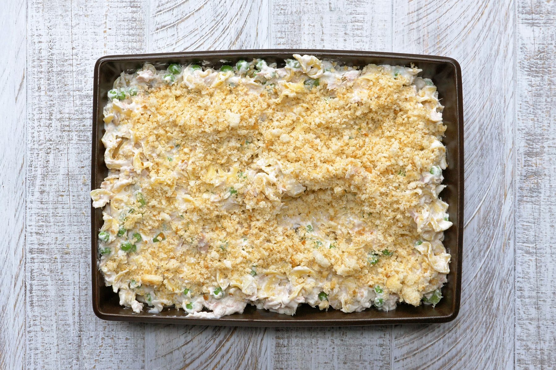 A baking dish of Tuna Noodle Casserole.