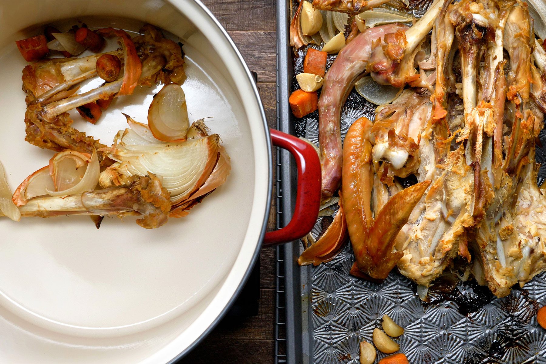 overhead shot of turkey carcass transferred into the skillet