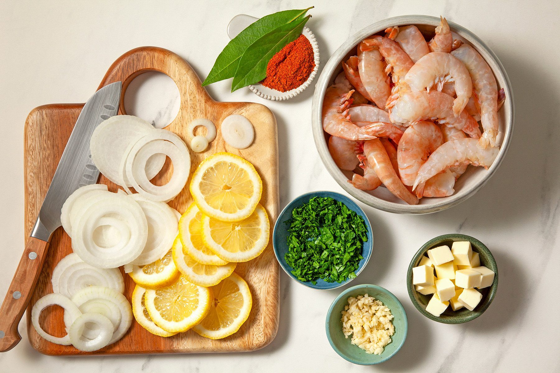 overhead shot of ingredients for boiled shrimp