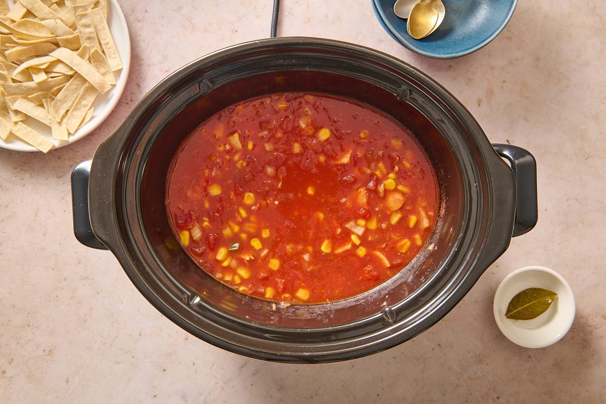 Chicken tomato soup in the slow cooker before serving