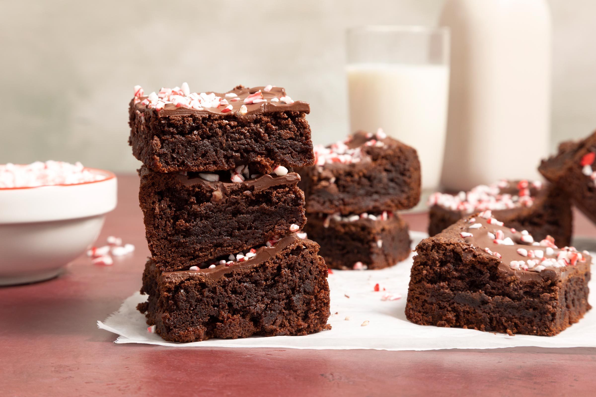 side view of three Peppermint Brownies stacked