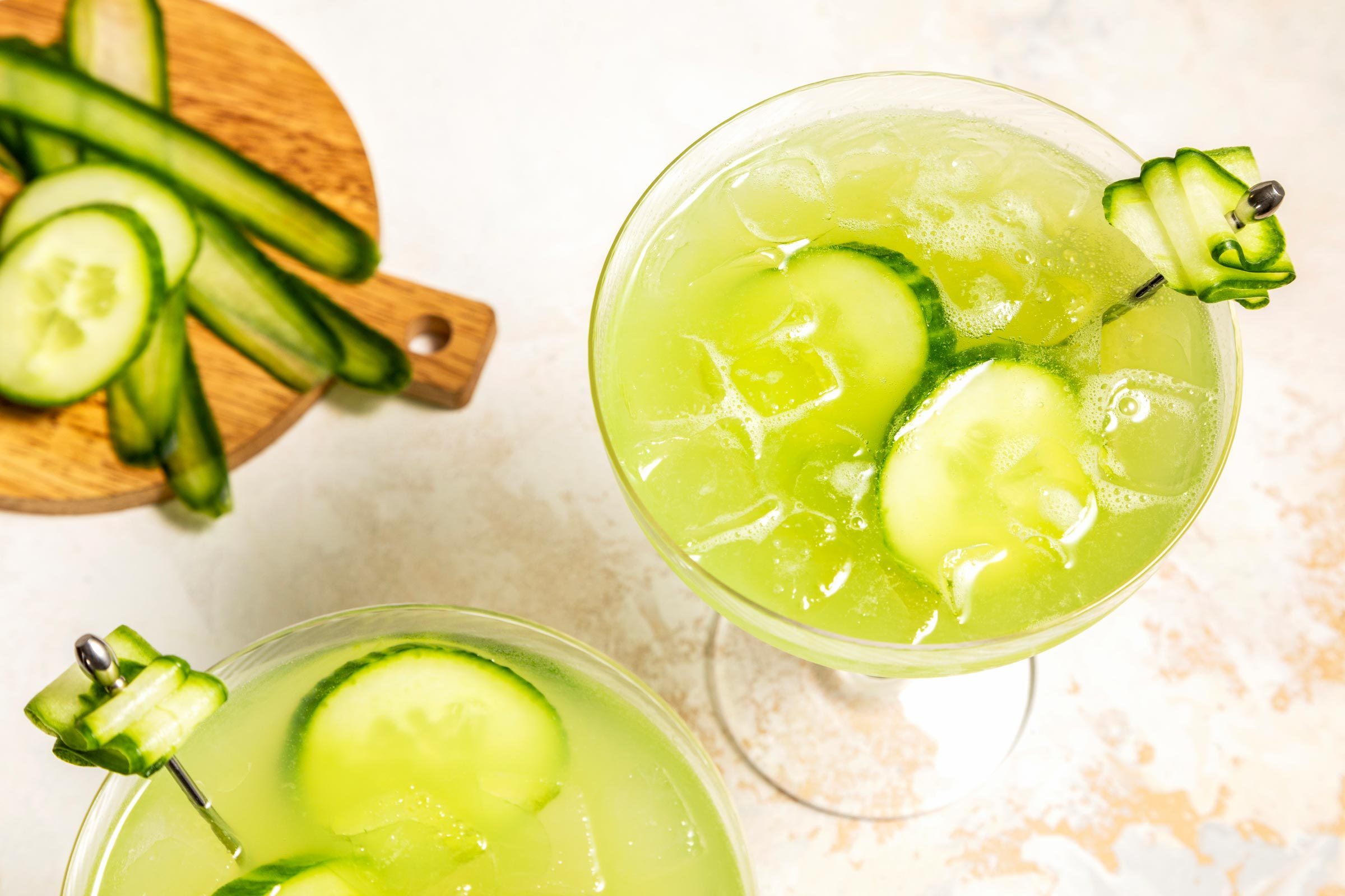 top view of Cucumber Margarita garnished with cucumbers