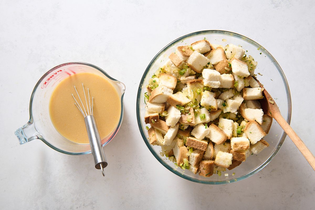 Bread cubes tossed with vegetables