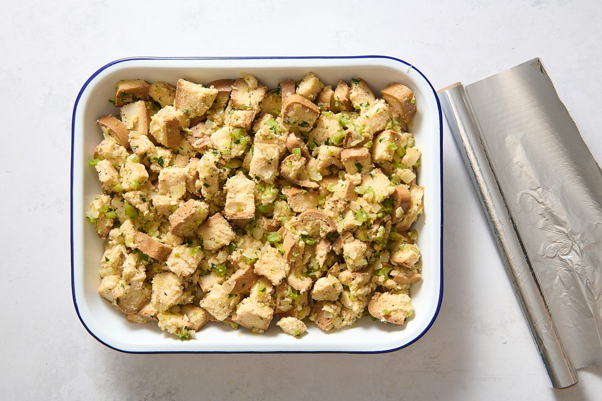 Stuffing mixture transferred to a baking dish