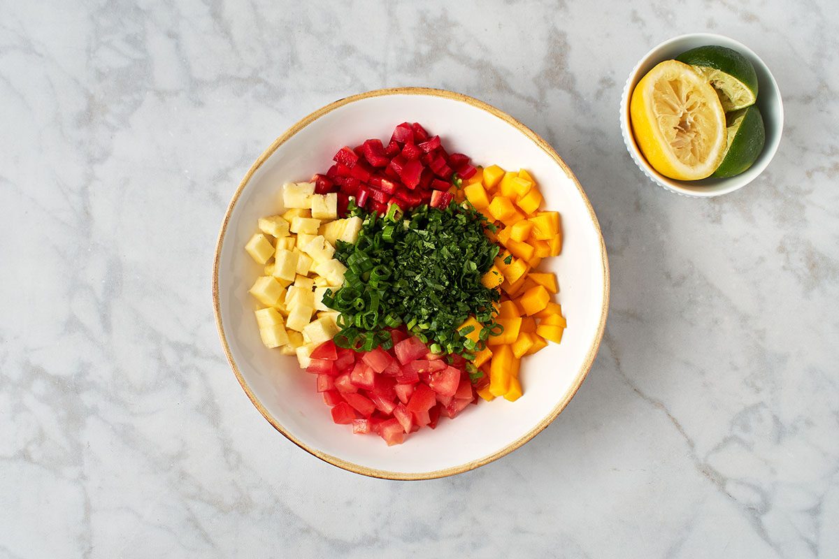 Ingredients for mango pineapple salsa.