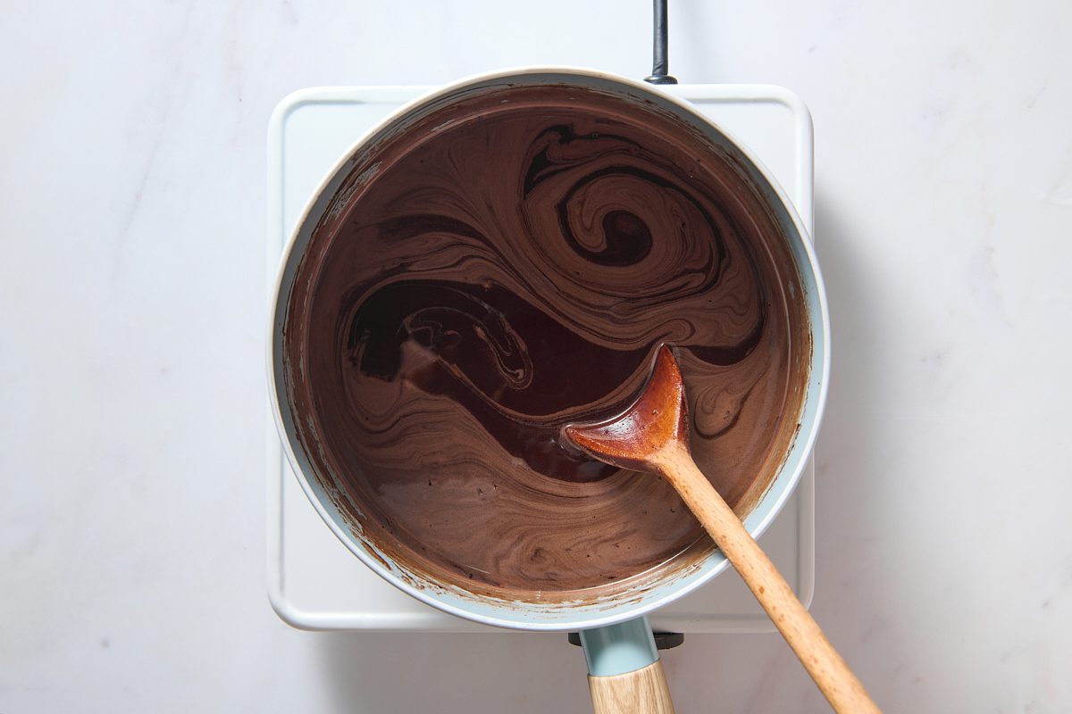 Making the custard for mocha ice cream in a pan