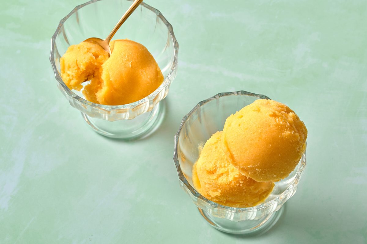 Overhead shot of two servings of peach sorbet
