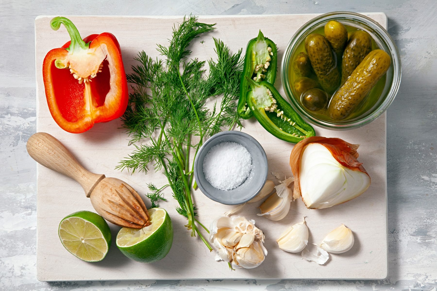 Pickle De Gallo Ingredients including pepper, lime, dill, onions